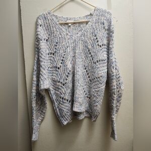 Pink Rose Women's V-Neck Sweater in Cream and Blue